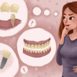 Cartoon of a woman with a thought bubble choosing between the different types of dentures & implants