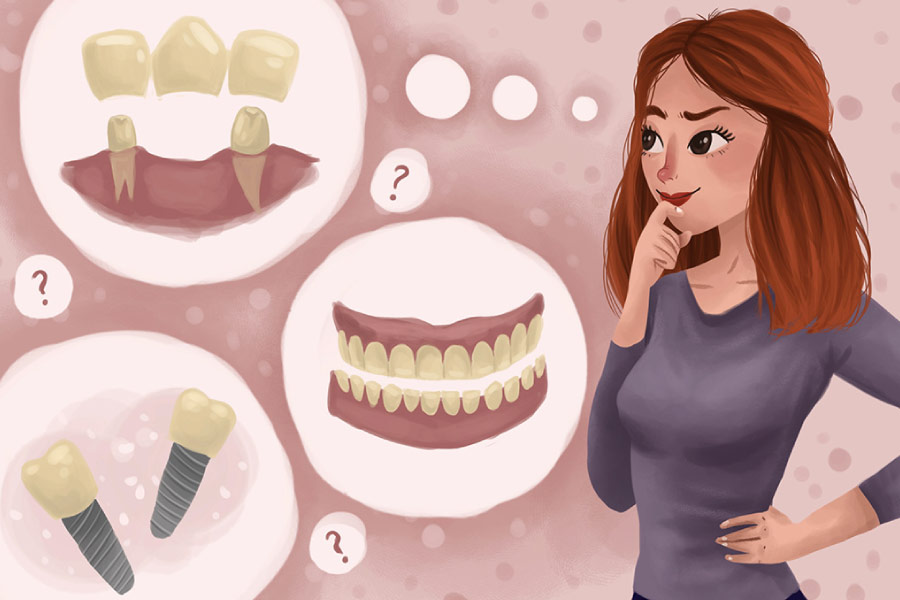 Cartoon of a woman with a thought bubble choosing between the different types of dentures & implants