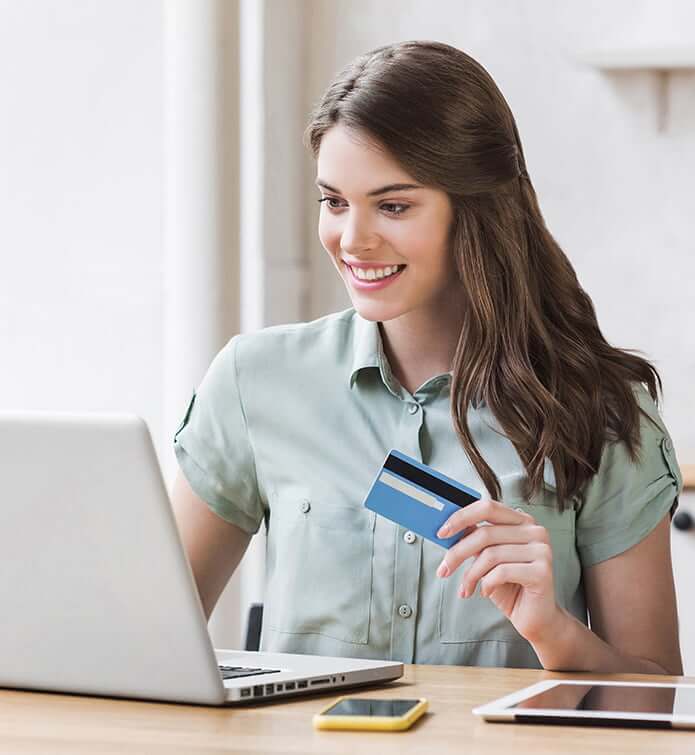 happy woman on computer